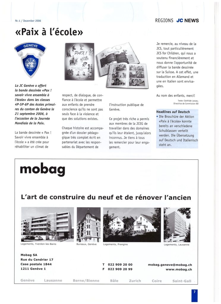 Projet JCI Genève - JCI News dec 2006 - Paix a l'Ecole