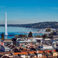 The highest fountain in Geneva. View from above. Urban landscape in Switzerland.